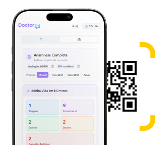 Tela do aplicativo Doctor24 com histórico de consultas e QR Code do paciente