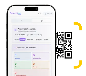 Tela do aplicativo Doctor24 com histórico de consultas e QR Code do paciente