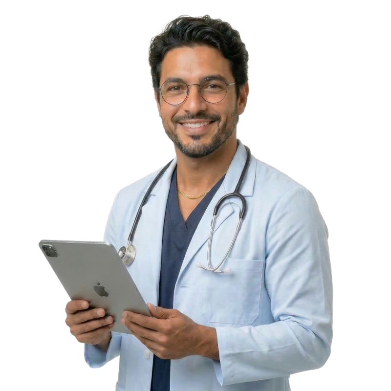 Médico analisando histórico consolidado, evolução do paciente e dados organizados.