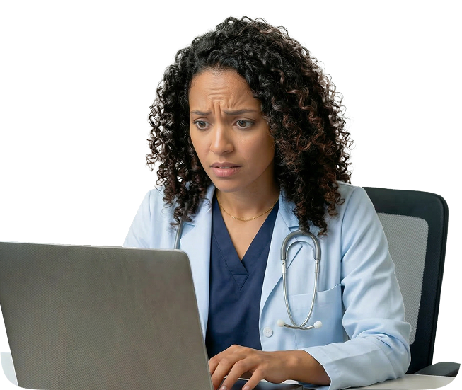 Médica lidando com informações fragmentadas do paciente antes da consulta.
