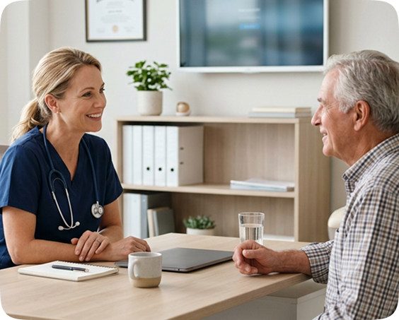 Médica atendendo paciente em consultório presencial.